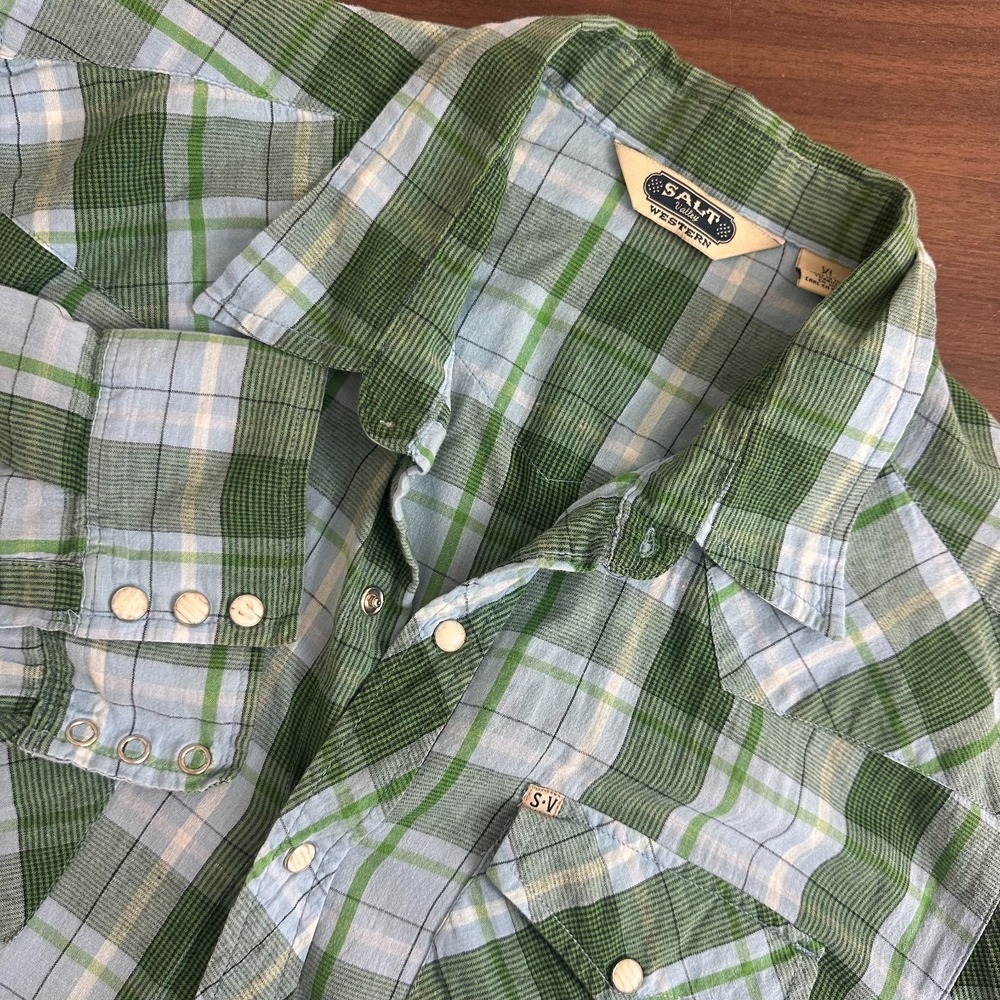 Salt Valley Western Shirt Blue Green Plaid Flannel Cotton Snap Front Mens XL